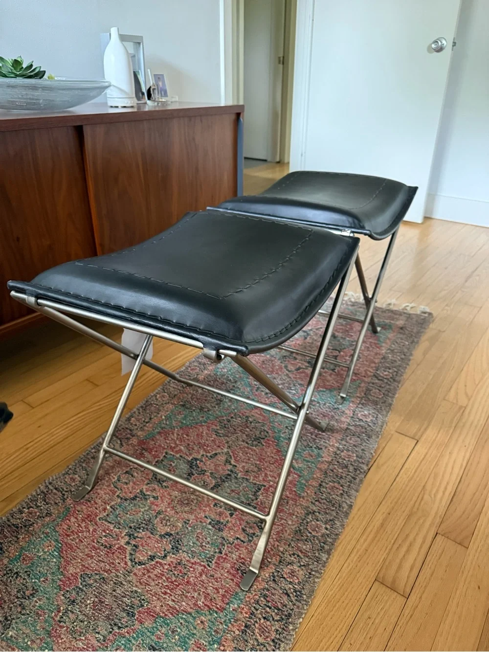 Black Leather Folding Stool with Padded Seat - Home Accents